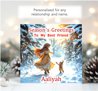 Personalised Season's Greetings Card - Young Girl dancing with Elf
