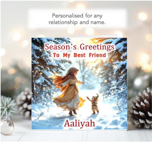 Personalised Season's Greetings Card - Young Girl dancing with Elf