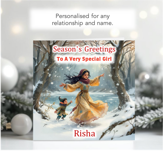 Personalised Season's Greetings Card - Young Girl running with Elf