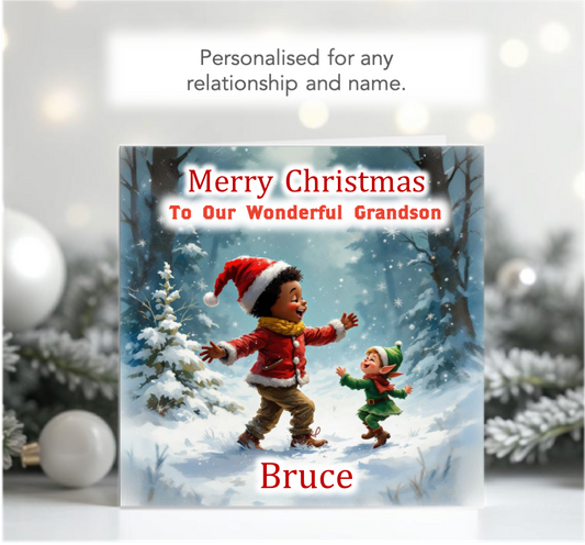 Personalised Christmas Card - Young Black Boy dancing with Elf