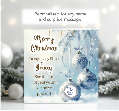 Personalised Christmas Blue Bauble Scratch-To-Reveal card