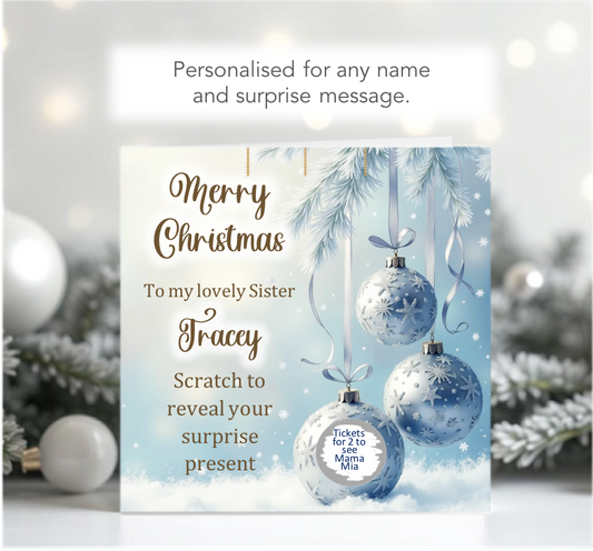 Personalised Christmas Blue Bauble Scratch-To-Reveal card