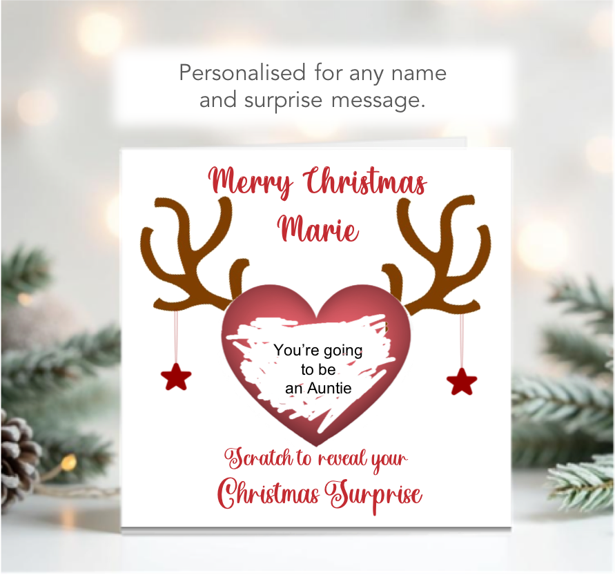 Personalised Christmas Scratch to Reveal Reindeer Antler Card