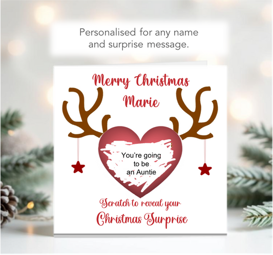 Personalised Christmas Scratch to Reveal Reindeer Antler Card