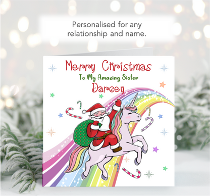 Personalised Unicorn with Santa Christmas Card