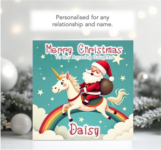 Personalised Santa riding on a Unicorn Christmas Card