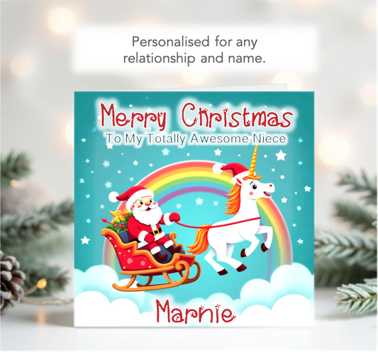 Personalised Santa sleigh with a Unicorn Christmas Card