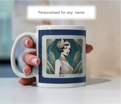Personalised Art Deco Mug & Coaster Set: 1920s Flapper Design, Elegant Gift