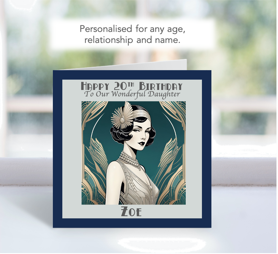 Personalised Art Deco Female Birthday Card: Retro 40th 50th 60th 70th