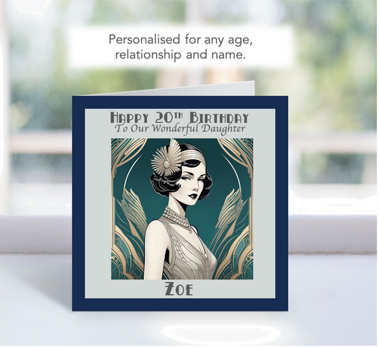 Personalised Art Deco Female Birthday Card: Retro 40th 50th 60th 70th
