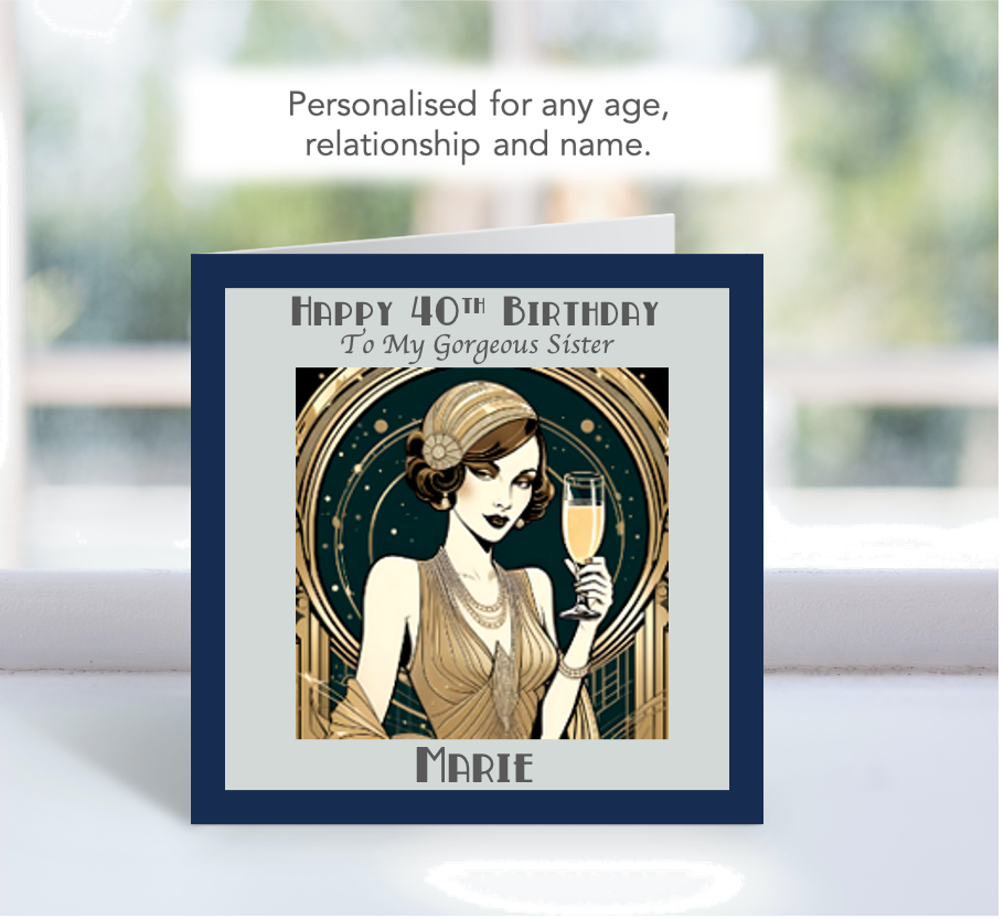 Personalised Art Deco Birthday Card: Retro Lady with Champagne Design