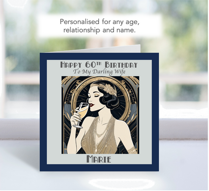 Personalised 1920's Art Deco Lady Champagne Birthday Card