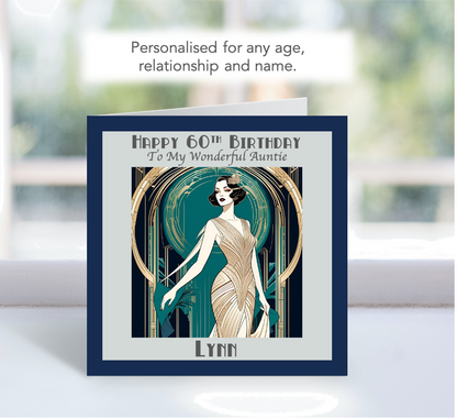 Personalised Elegant 1920's Female Art Deco Birthday Card