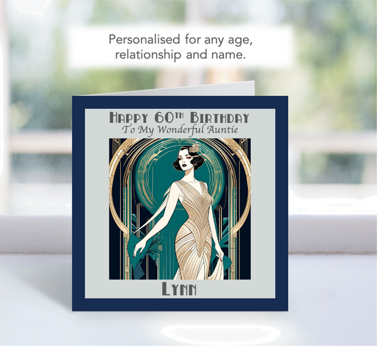 Personalised Elegant 1920's Female Art Deco Birthday Card