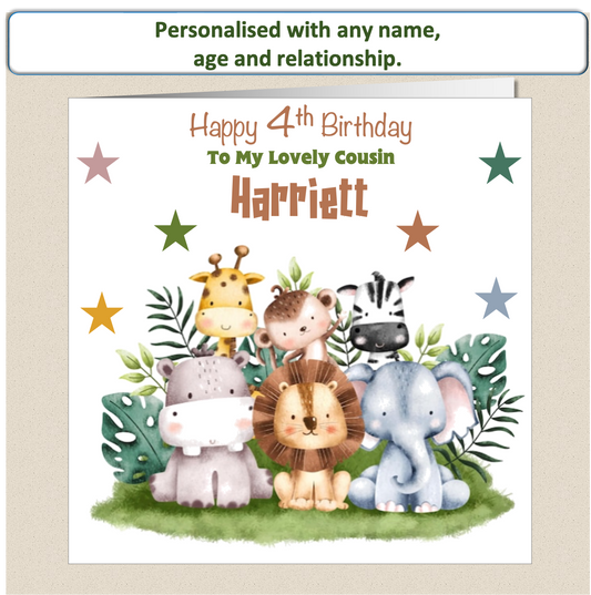 Personalised Jungle Kids Childs Birthday Card - Jung1