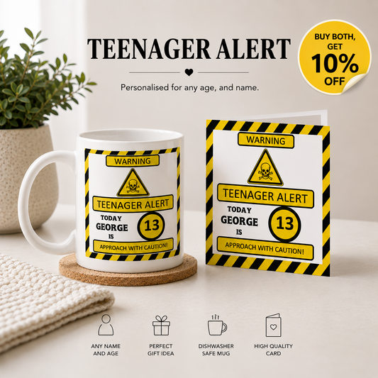 Personalised Teenager Alert Birthday Mug & Card Gift Set – Custom Name & Age