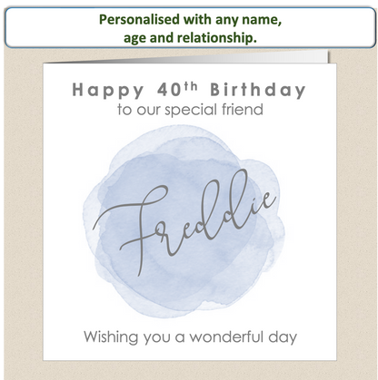 Personalised Male Birthday Card - Watercolour Wash - For Him