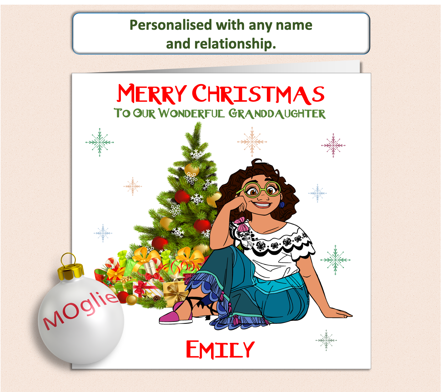 Disney Mirabel from Encanto sat next to a Christmas tree
