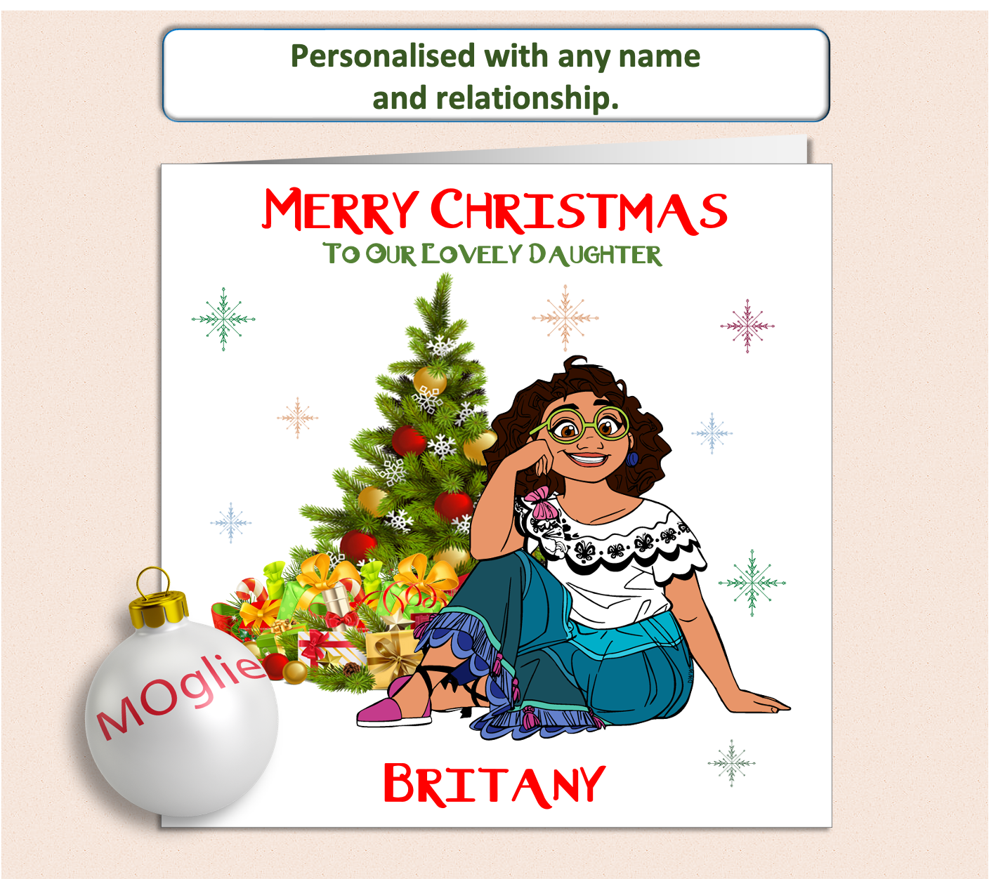 Disney Mirabel from Encanto sat next to a Christmas tree