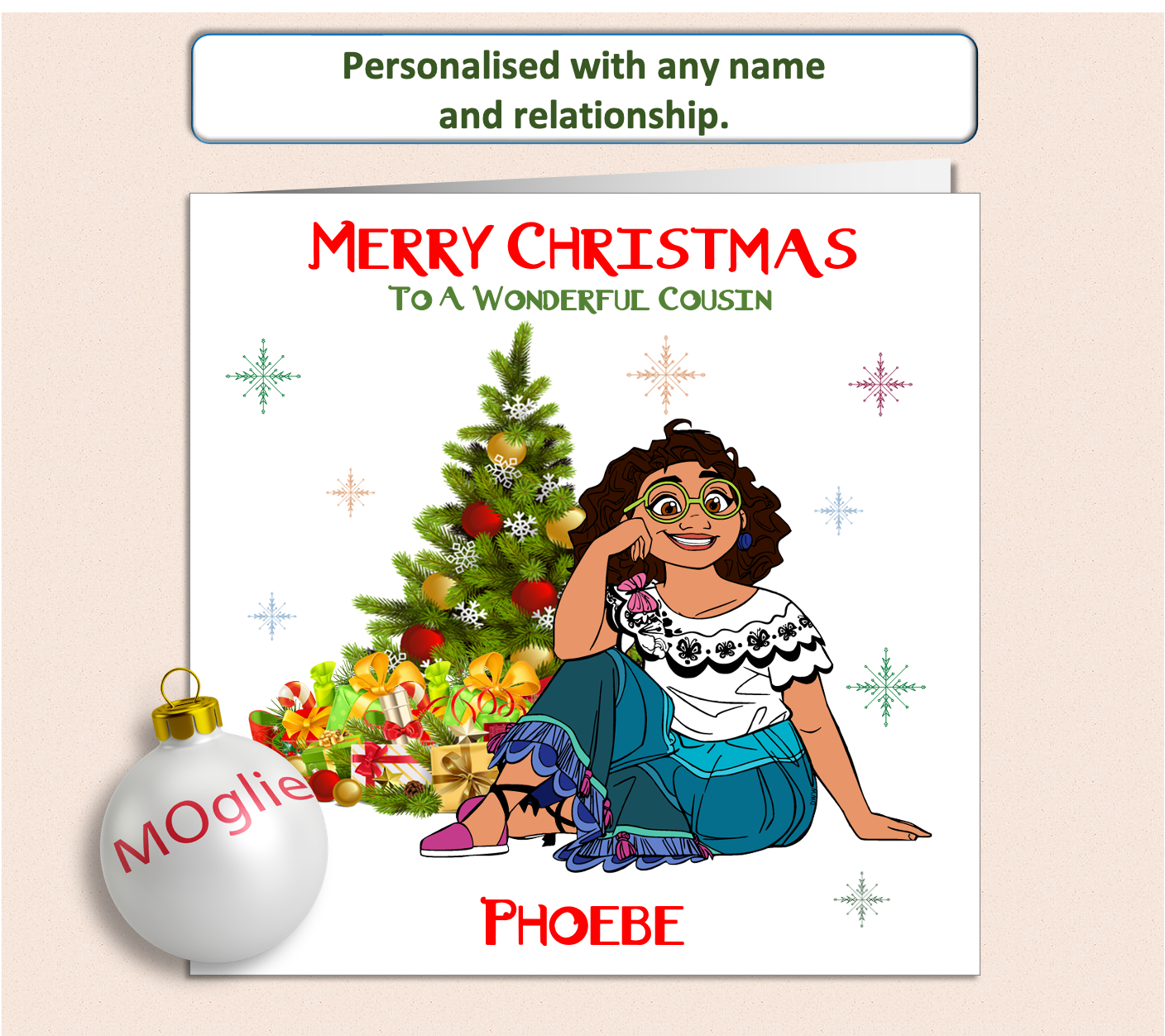 Disney Mirabel from Encanto sat next to a Christmas tree