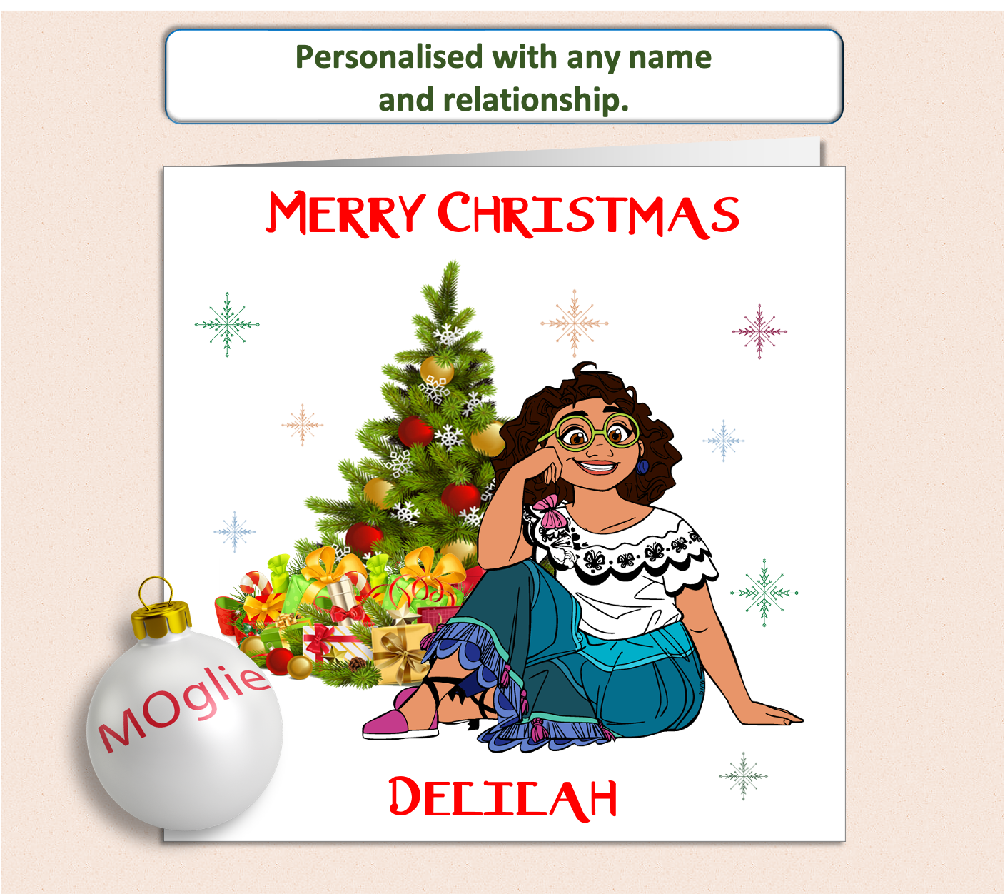 Disney Mirabel from Encanto sat next to a Christmas tree