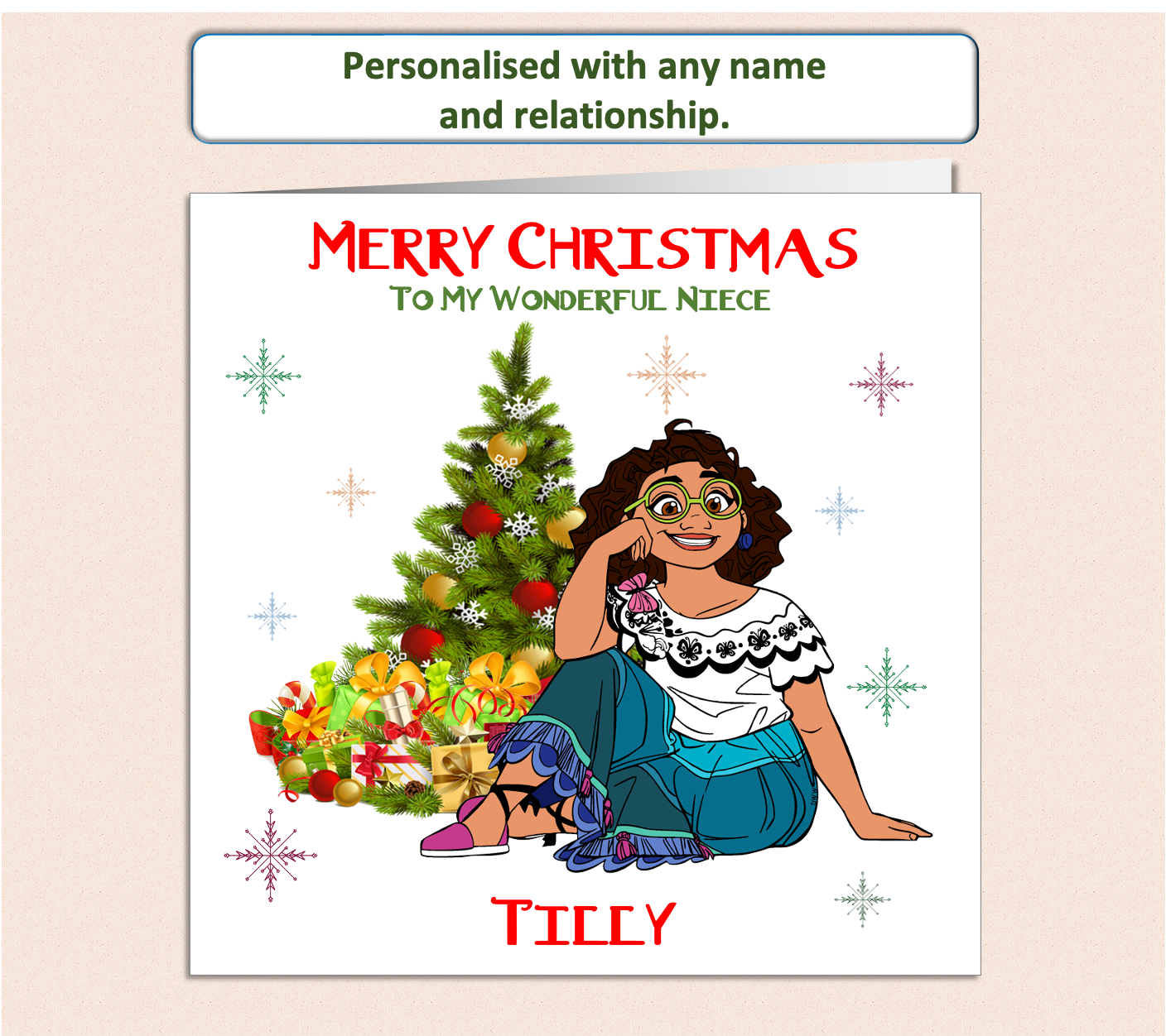 Disney Mirabel from Encanto sat next to a Christmas tree