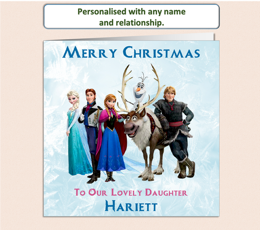 Personalised Christmas card featuring Disney characters Elsa, Anna, Olaf, and friends in a festive winter scene, customisable with names and holiday messages.