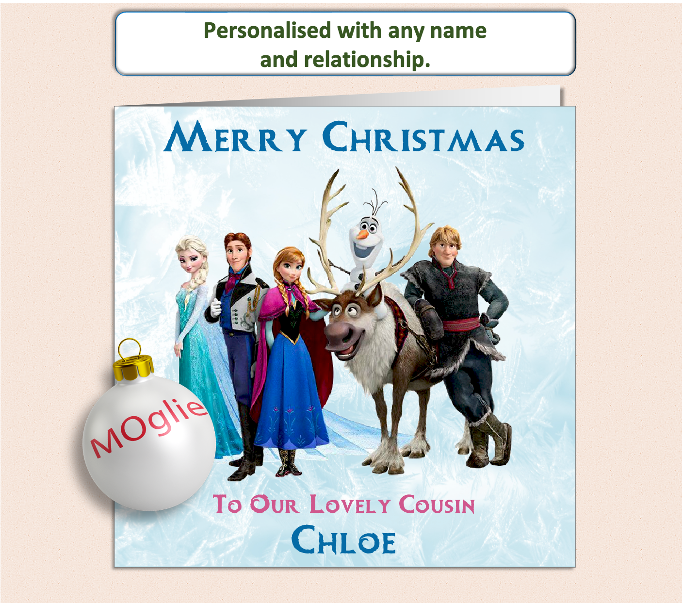 Personalised Christmas card featuring Disney characters Elsa, Anna, Olaf, and friends in a festive winter scene, customisable with names and holiday messages.