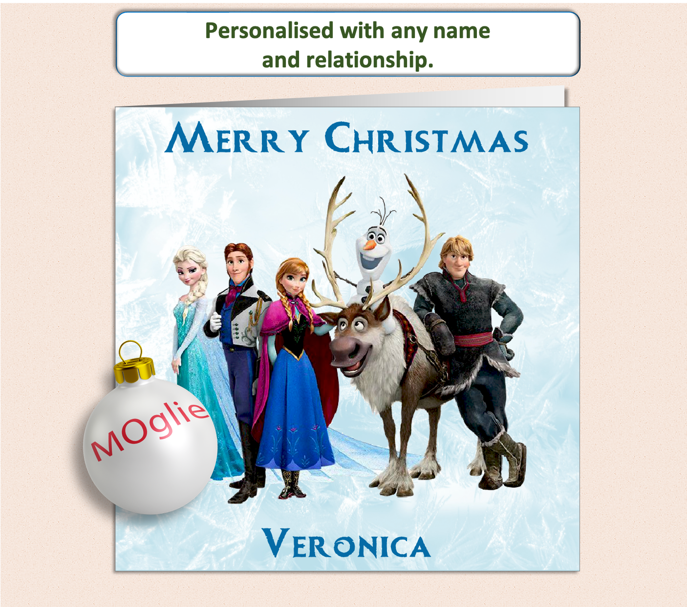 Personalised Christmas card featuring Disney characters Elsa, Anna, Olaf, and friends in a festive winter scene, customisable with names and holiday messages.