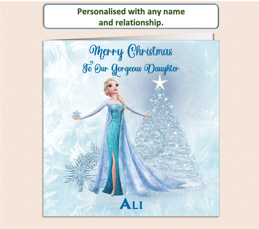 Personalised Christmas card featuring Elsa from Disney Frozen standing beside a sparkling Christmas tree, customisable with names and relationship message.