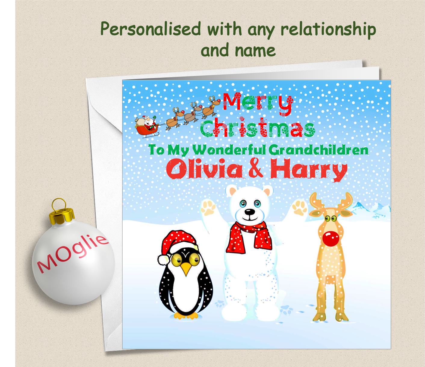 Personalised Reindeer Polar Bear Child's Kid's Xmas Christmas Card - GEN4