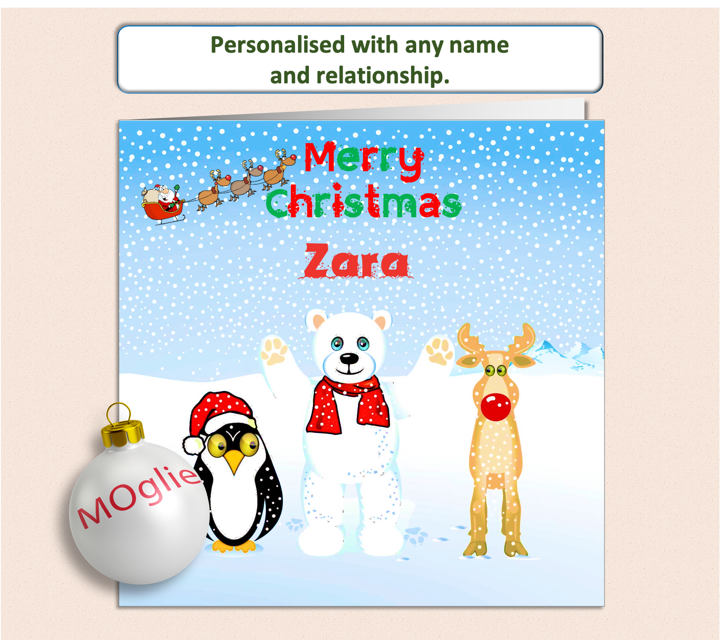 Personalised Reindeer Polar Bear Child's Kid's Xmas Christmas Card - GEN4