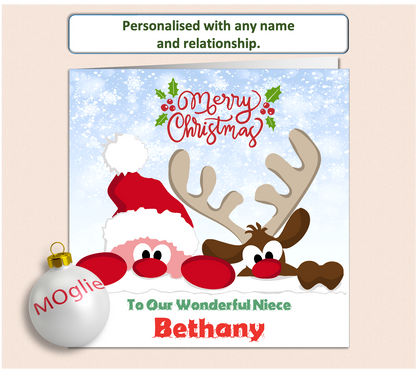 joyful design of santa and reindeer peering over snow.  Fully personalised christmas card