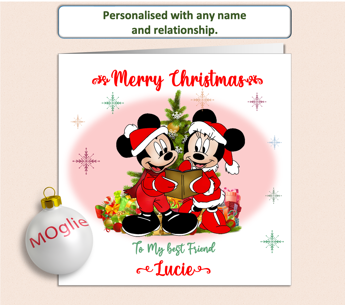 Mickey and Minnie Mouse dressed in a Christmas outfit next to a Christmas Tree