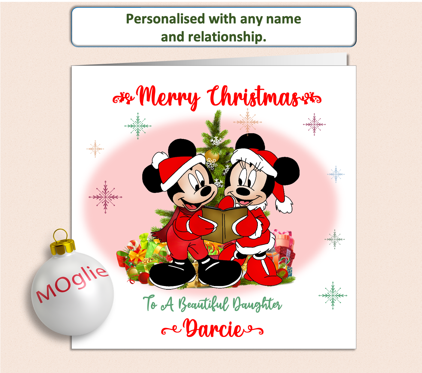 Mickey and Minnie Mouse dressed in a Christmas outfit next to a Christmas Tree