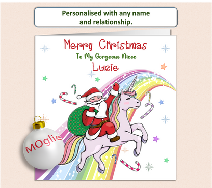 Personalised Unicorn with Santa Christmas Card