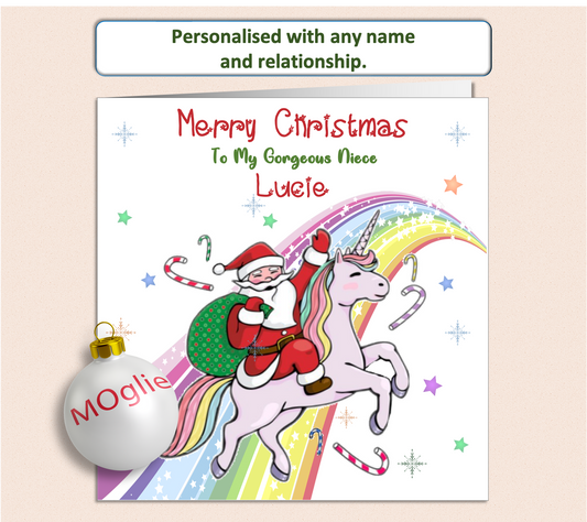 Personalised Unicorn with Santa Christmas Card