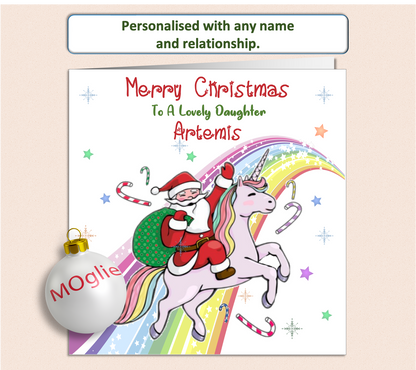 Personalised Unicorn with Santa Christmas Card