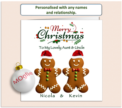 two gingerbread people with Christmas hats side by side.  Merry Christmas scroll text and recipients names
