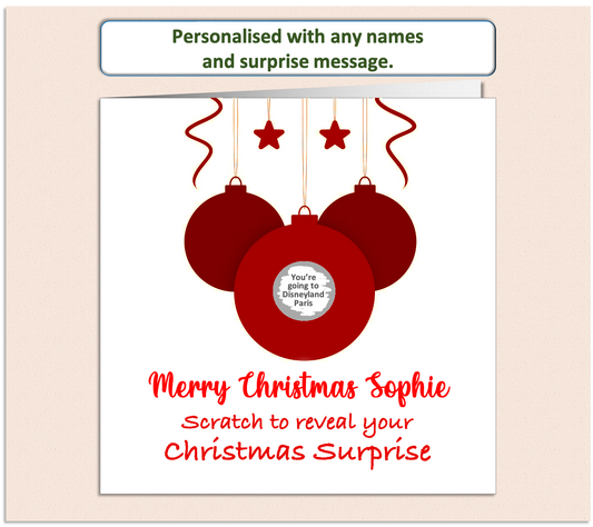 simplistic style red bauble Christmas card, having a scratch to reveal panel hiding details of a surprise present.