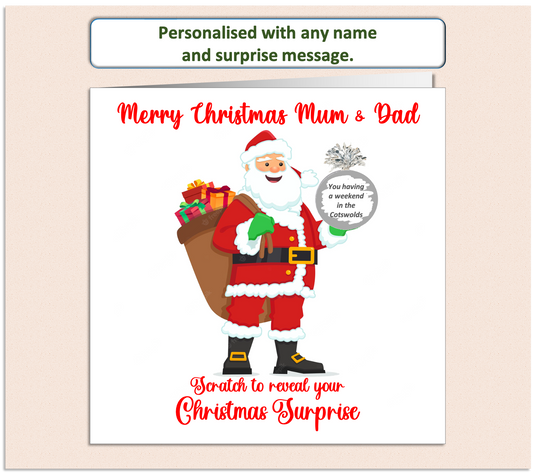 Father Christmas card, having a scratch to reveal panel hiding details of a surprise present.
