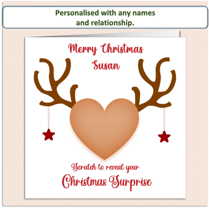 Christmas card having a scratch to reveal panel with reindeer antlers hiding details of a surprise present.