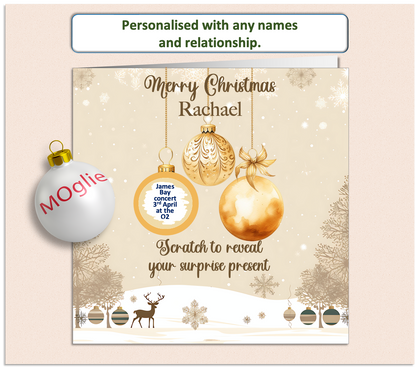 gold bauble Christmas card, with on having a scratch to reveal panel hiding details of a surprise present.
