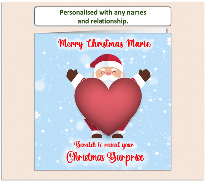 Father Christmas card, having a scratch to reveal panel hiding details of a surprise present or message.