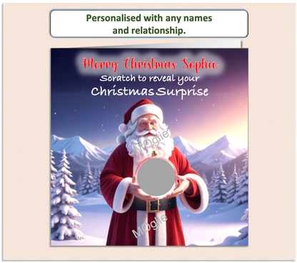Father Christmas card, having a scratch to reveal panel hiding details of a surprise present.