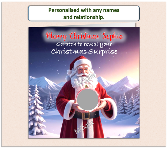 Father Christmas card, having a scratch to reveal panel hiding details of a surprise present.