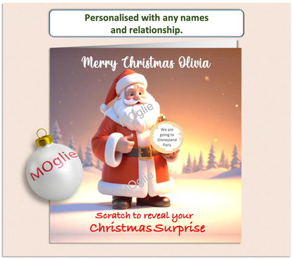 Cute Father Christmas card, having a scratch to reveal panel hiding details of a surprise present.