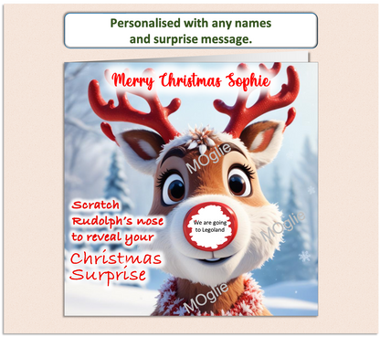 charming card of Rudolph red nosed reindeer with a scratch to reveal red circle on his nose. For surprise present giving.