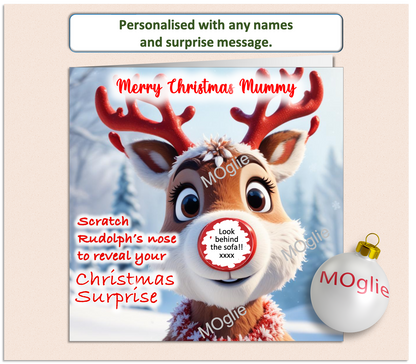 charming card of Rudolph red nosed reindeer with a scratch to reveal red circle on his nose. For surprise present giving.