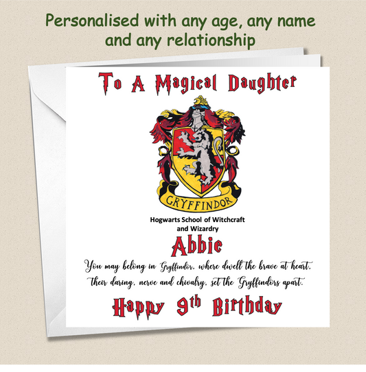 Personalised Gryffindor (Harry Potter Inspired) Birthday Card Kids